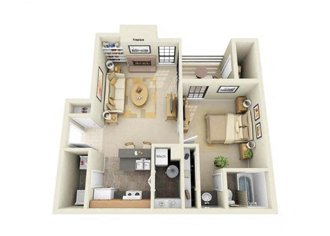 Floor plan for 1 bed, 1 bath, 626 sqft